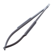 Barraquer Needle Holder, Curved, Delicate 9mm Jaws, Without Lock, Round Knurled Handle, Dull Finish, Overall Length 5-1/4" (133mm) 
